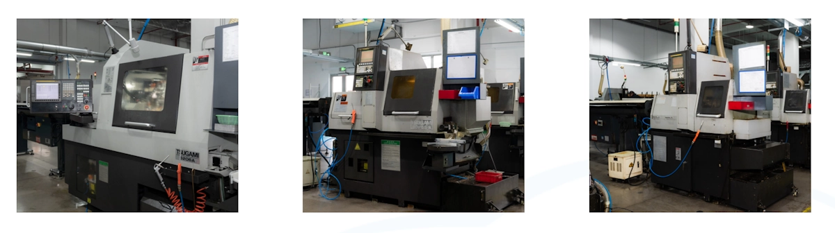 Row of Swiss-type lathes arranged on a production line for high-volume precision machining Row of Swiss-type lathes arranged on a production line for high-volume precision machining