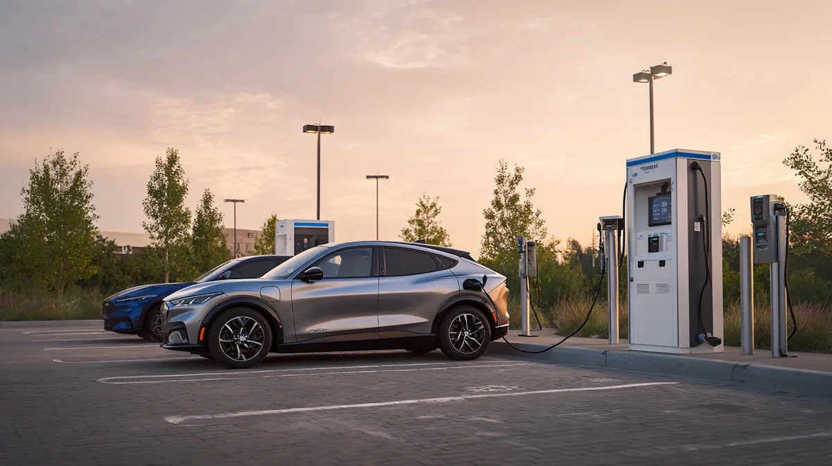 Commercial EV fast charging station in North America at dusk with an electric SUV connected to a DC charger
